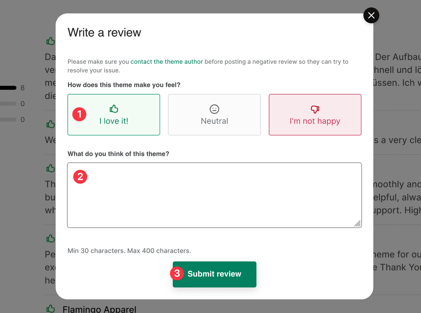 Screenshot of the Shopify review form with rating selector and text area