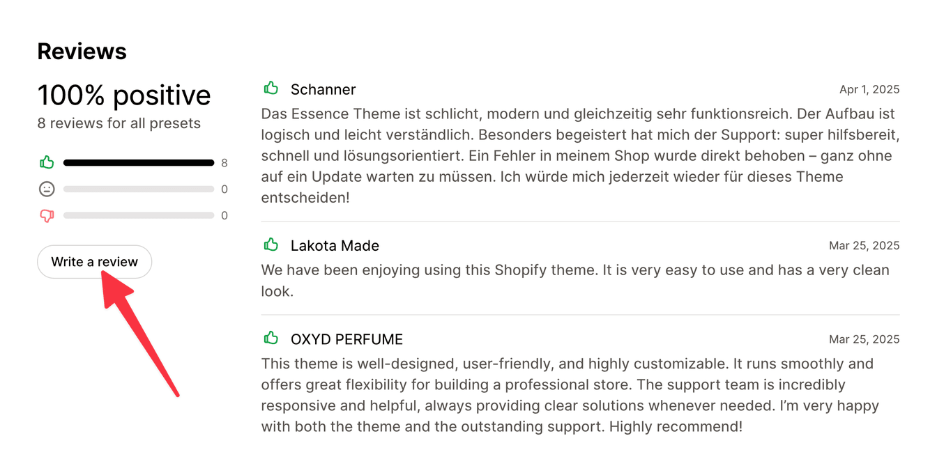 Screenshot of the Shopify Theme Store listing with the 'Write a review' button